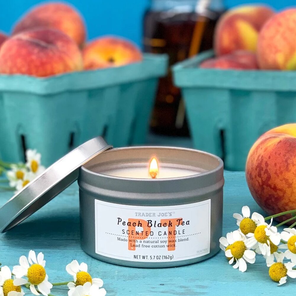 NWT, Trader Joe's Peach Black Tea Scented Coconut-Soy Wax Candle, 5.7 Ounces - Picture 2 of 11